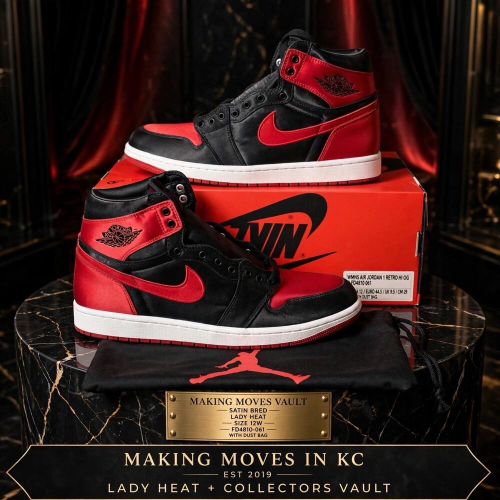 Size 12W - WMNS Air Jordan 1 High OG Satin Bred FD4810-061 Black Red Dust Bag DS